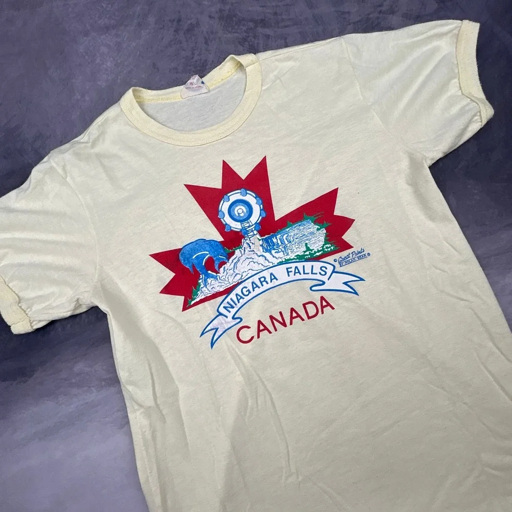 Vintage 80s Niagara Falls Canada Ringer T Shirt Cream Souvenir Mens M Graphic - Picture 6 of 6